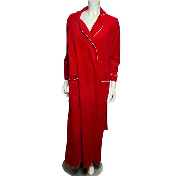 Vintage Red Velour Bathrobe with White Piping Classic Wrap Style Robe Small - Picture 6 of 13